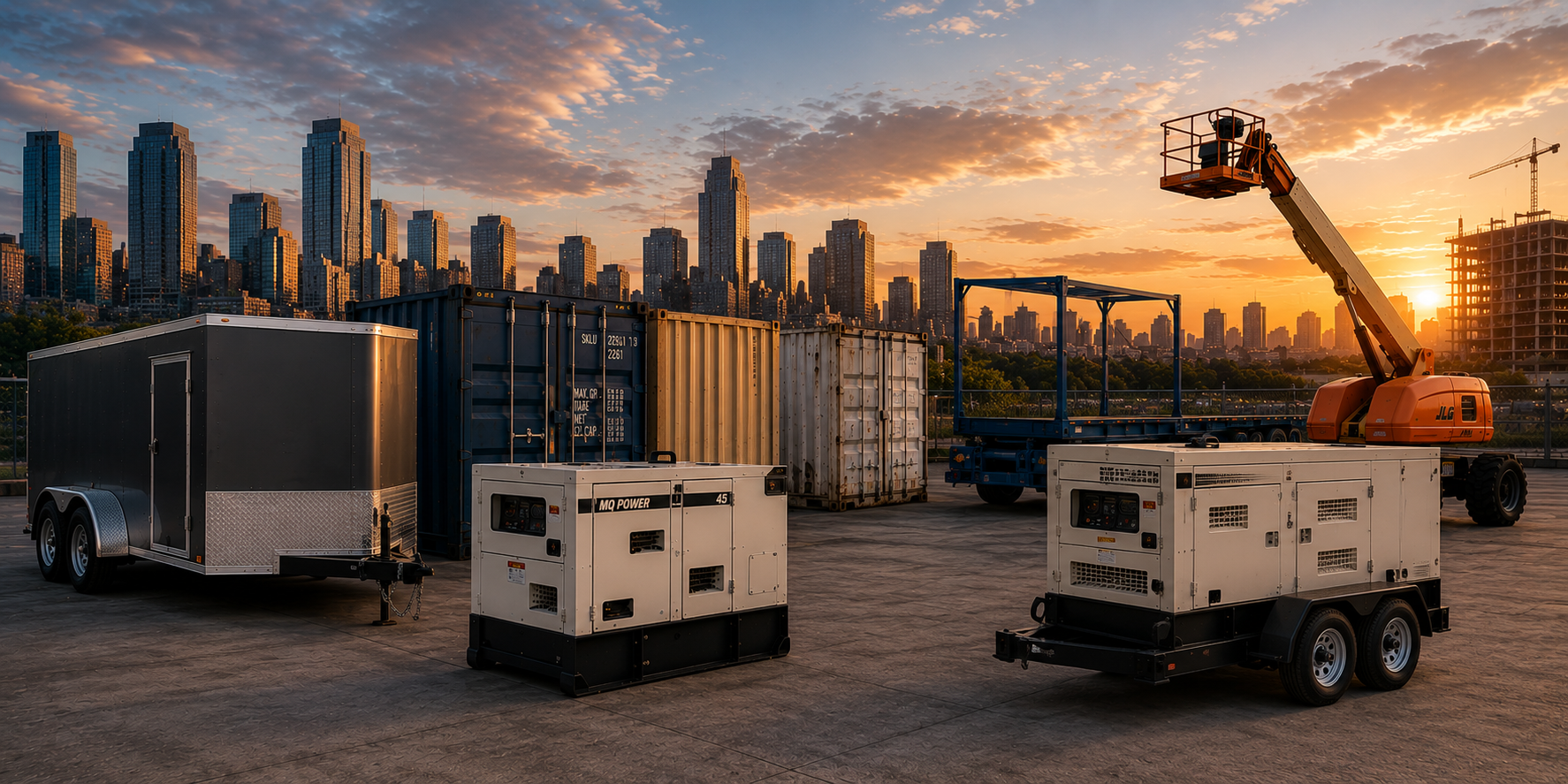 Equipment yard at sunset — enclosed trailer, shipping containers, two industrial generators, and a boom lift, with a city skyline behind.