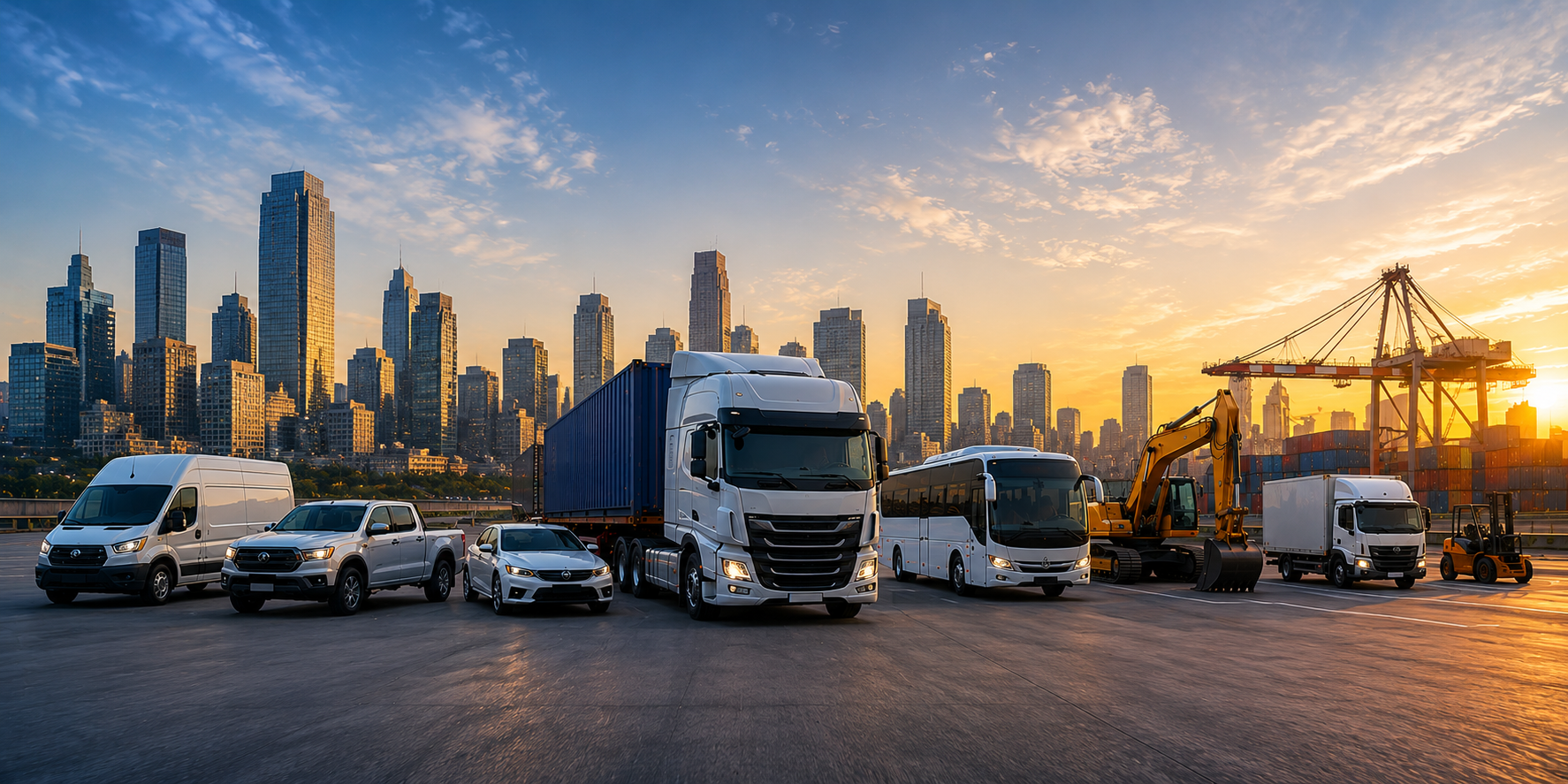 Mixed commercial fleet — van, pickup, sedan, semi-truck, bus, excavator, box truck, forklift — lined up on a city dock at sunset.