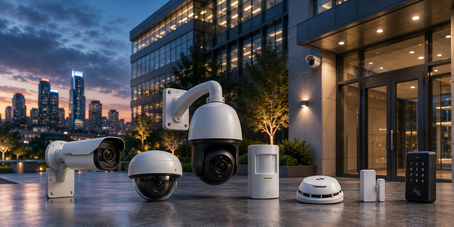 Set of commercial security hardware — bullet camera, dome cameras, PTZ camera, motion detector, smoke sensor, contact sensor, keypad — laid out in front of a glass office building at dusk.